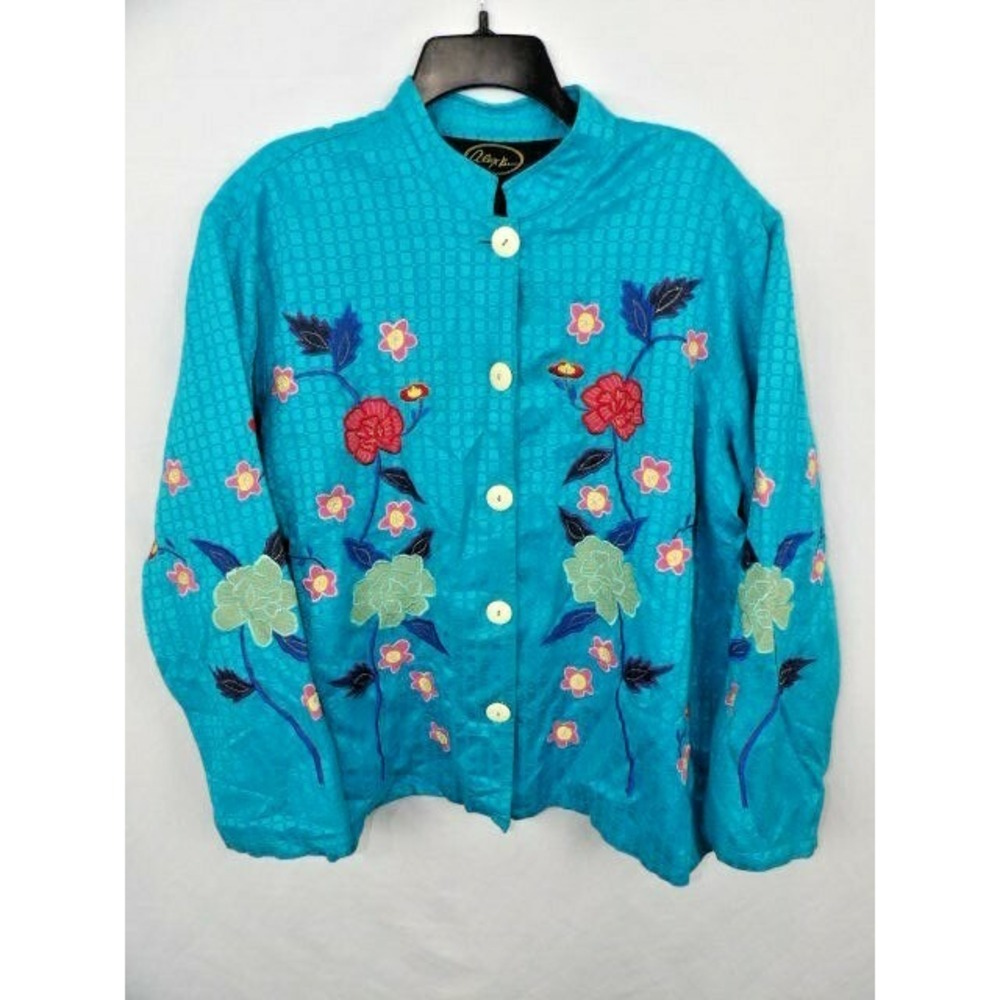 Alex Kim Bright Blue Applique Embroidered Lined Button Front Jacket Size 2X